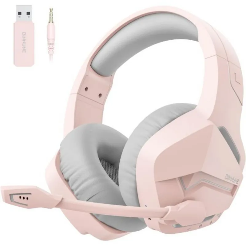 BINNUNE 무선 게이밍 헤드셋 마이크 포함 120시간 연속 사용 가능【2.4G 동글블루투스 5.33.5mm 3방향 연결】 2.4GHz 저지연 노이즈 캔슬링 탑재 음소거 가능, BW01-ピンク
