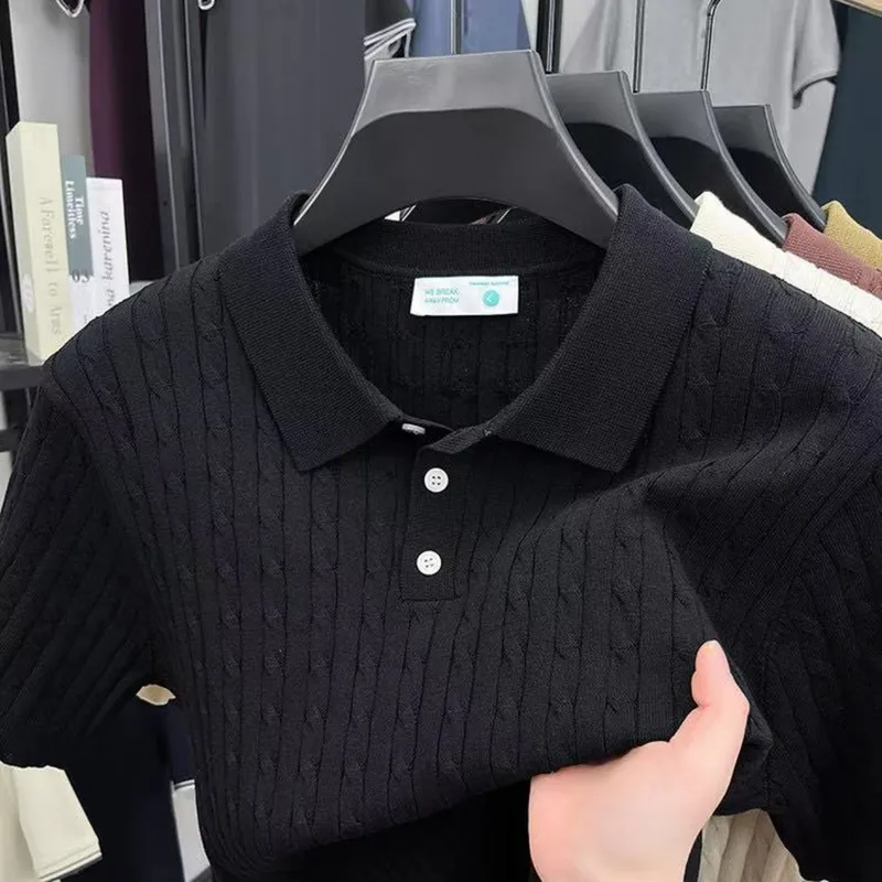 남성 세련된 봄 여름 과배기 반팔 니트 카라 티셔츠