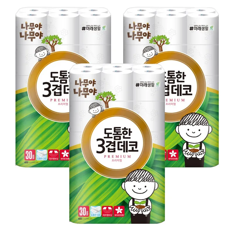 나무야나무야 도톰한 3겹 데코 고급 롤화장지, 30m, 30개입, 3개