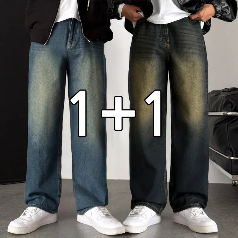 [당일발송] [1+1] 샌드워싱 남자와이드청바지 세미와이드데님 남자진청바지