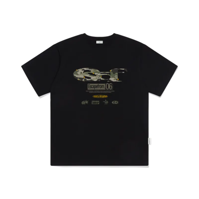 매장정품 이스케이프프롬 ESCAPEFROM 스타 카모 ESCF 로고 콜라주 프린트 오버핏 반팔티 블랙 E251OTS 129278