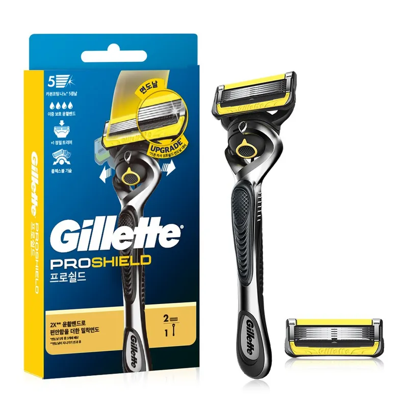질레트 프로쉴드 옐로우 매뉴얼 면도기 핸들 + 면도날 2p 세트, 1세트