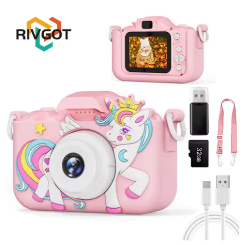 키즈카메라 어린이용 디지털 카메라 휴대용 유니콘 디자인 셀카 가능, 핑크
