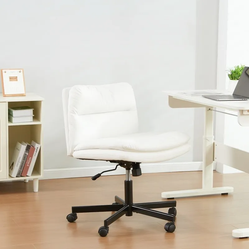 JOMEED 가죽의자 사무실 사무용 학생 공부용 인테리어의자 카페의자 양반다리의자 좌면 넓은 팔걸이 없는 높이 조절 가능 틸팅의자 바퀴 있는 푹신한 좌판 편한 의자, 화이트