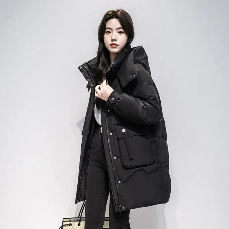 POMTOR 여성 겨울 후드 오버핏 롱 코트 패션 오리털 야외 경량패딩 패딩