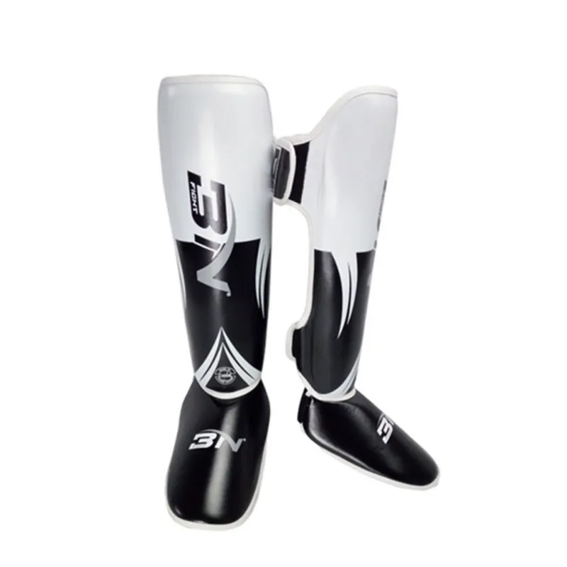MMA 무술 정강이 보호대 - 킥복싱/MMA 훈련 및 스파링을 위한 패딩 조절 가능한 타이 케이스 타이 레그 가드, 화이트 L 성인, 1개, PU 가죽