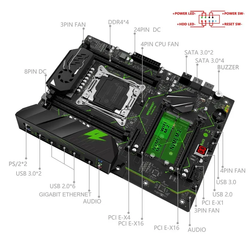 메인보드 MACHINIST MR9A PRO X99 마더보드 Lga 2011-3 Xeon E5 V3/V4 시리즈 CPU 프로세서 지원 DDR4 ECC RAM 메모리 Nvme M.2, 01 마더 보드 + CPU + RAM