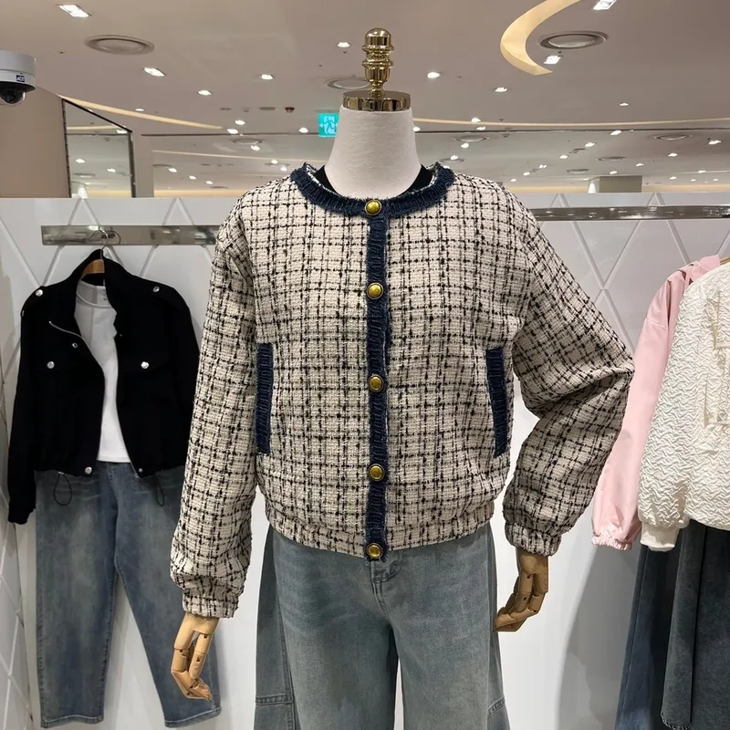 [AK플라자] [밸리걸] 데님 배색 체크 트위드 자켓 223250