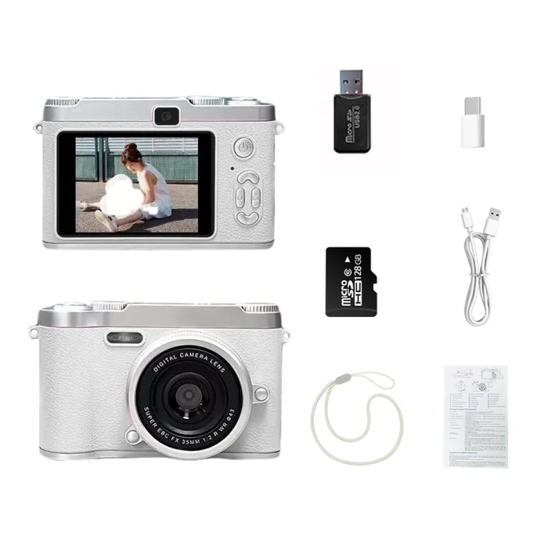 SMABAT 감성 디지털 카메라 듀얼 디지털 카메라 셀카 렌즈 내장 플래쉬 128G SD카드 포함, 화이트