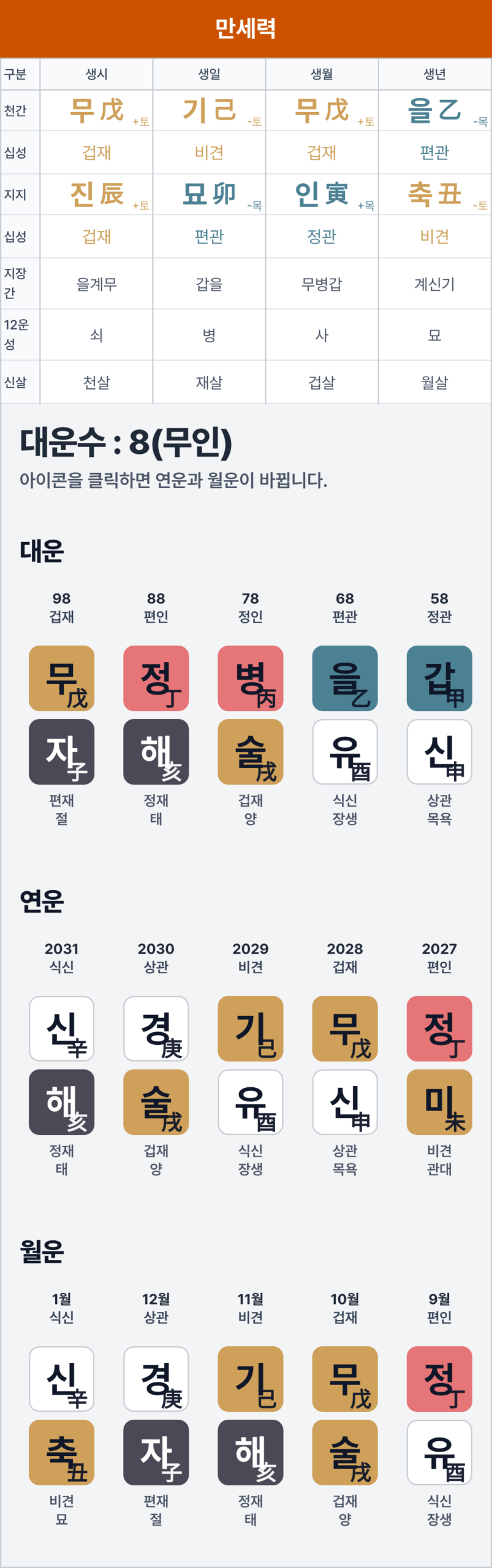유어사주 만세력 임진일주 결과 화면