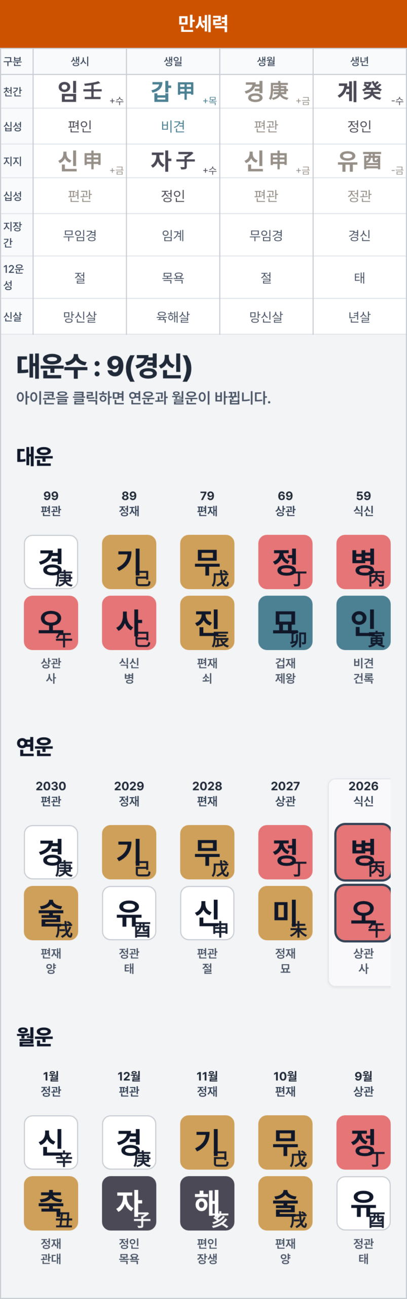 33살 갑인일주 워킹맘 만세력 캡쳐